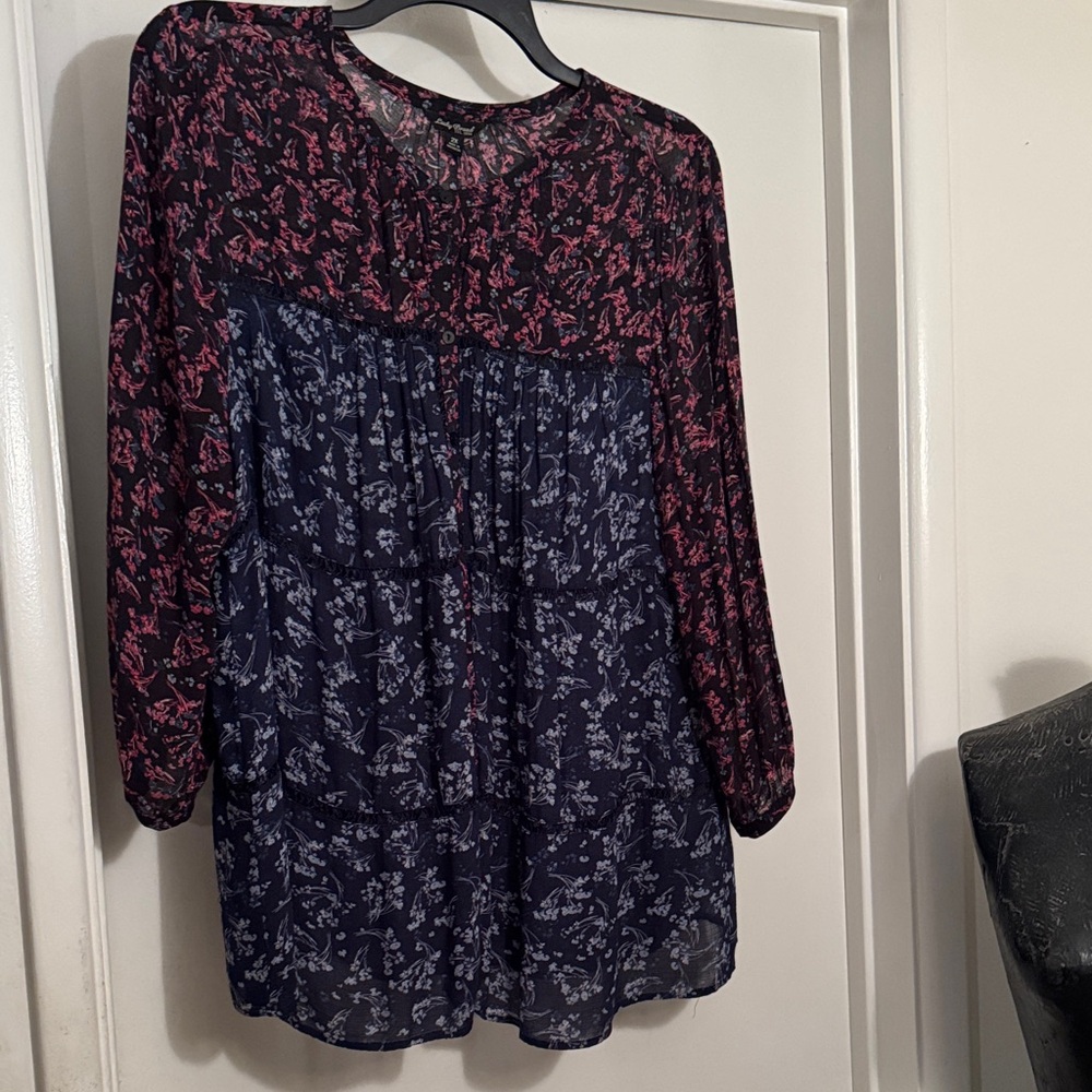 Lucky Brand Floral Print Top - Red and Blue